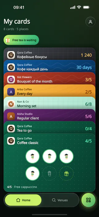 The My cards screen in the Unemi app: cards from several businesses in a stack, with a stamp card in front — stickers and a gift at the end